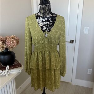 Olive Green Polka Dot Long-Sleeve Tiered Dress